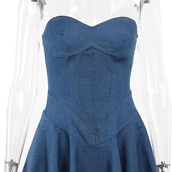 Women's Denim Tube Dress Sleeveless Mini Dress Flared Hem Casual - Picture 6 of 6